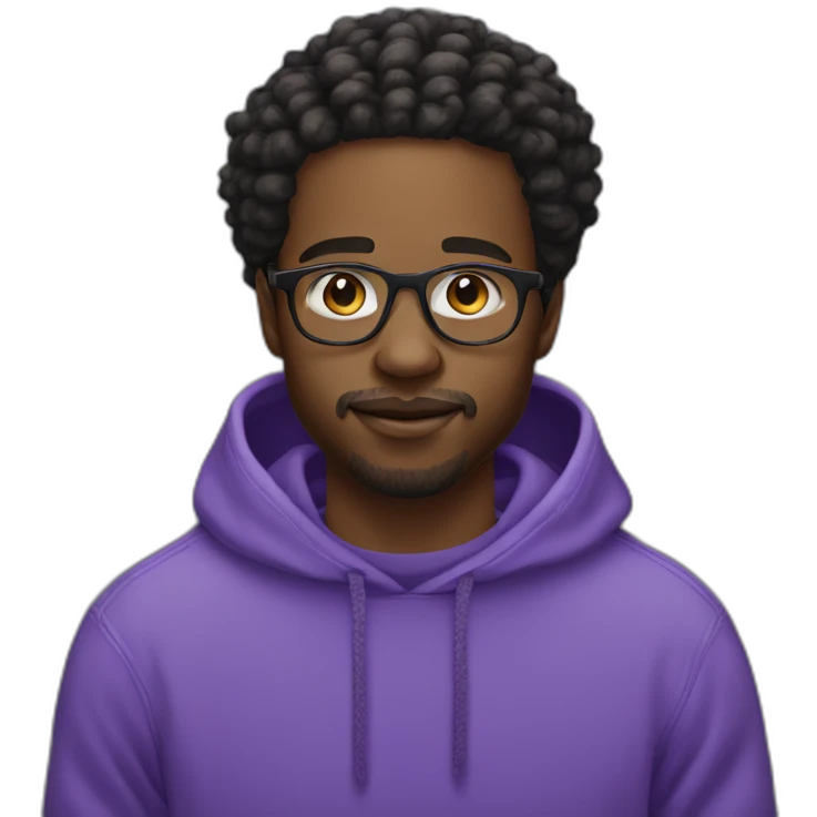 Black Young man and glasses and little beard mustache working in digital space with locs and purple sweatshirt emoji