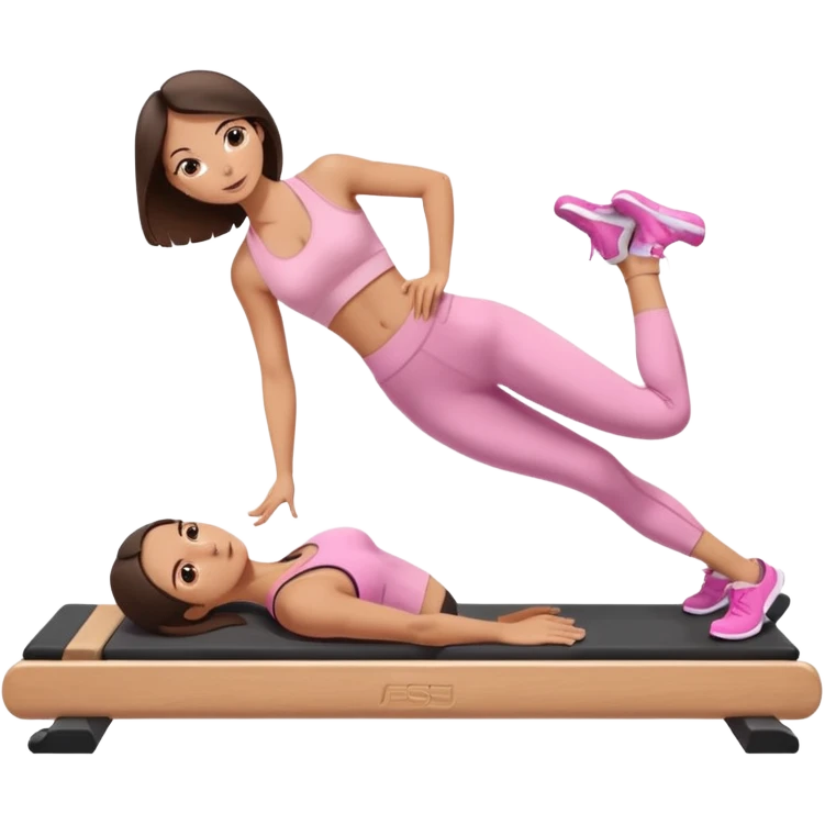 white brunette girl in light pink workout clothes doing a plank on a reformer emoji