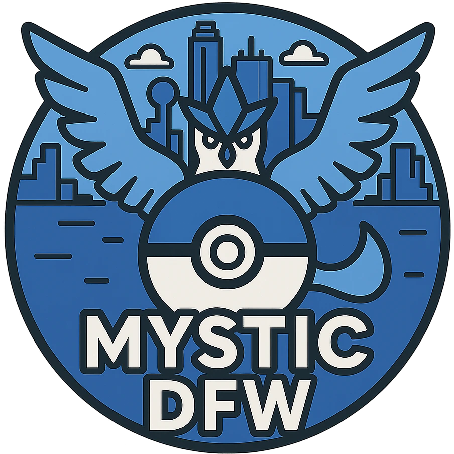 Add a Pokéball to the circular Team Mystic DFW logo, integrating it with the Articuno emblem and Dallas-Fort Worth skyline, using a blue and white palette. emoji