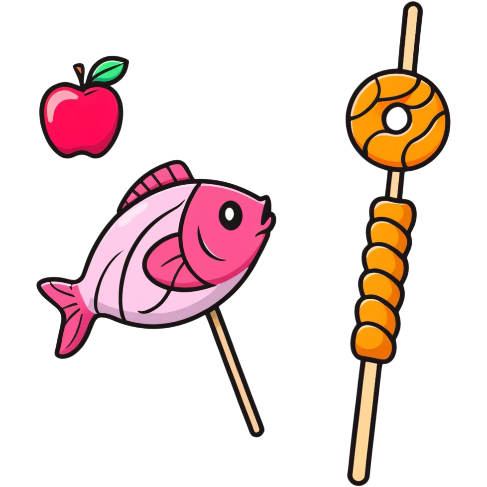 A cute arrangement of red apple, fish cake with pink swirl, rice cracker, and tri-colored dango skewer as a food snack collection emoji