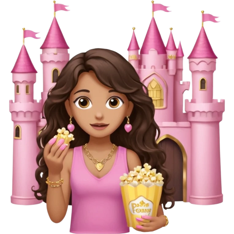 a woman with long dark brown  beachy wavy hair with light brown big eyes wearing pink vest top gold necklace baby pink nails and gold stud earrings with a pink castle fantasy in the background while eating popcorn  emoji