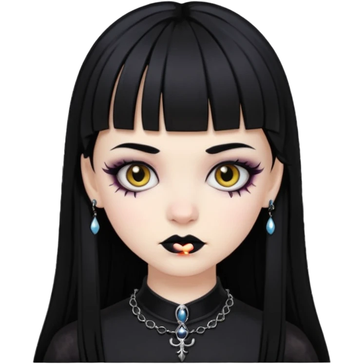 Faça uma moça de cabelo preto e micro franja pálida e com maquiagem gótica emoji