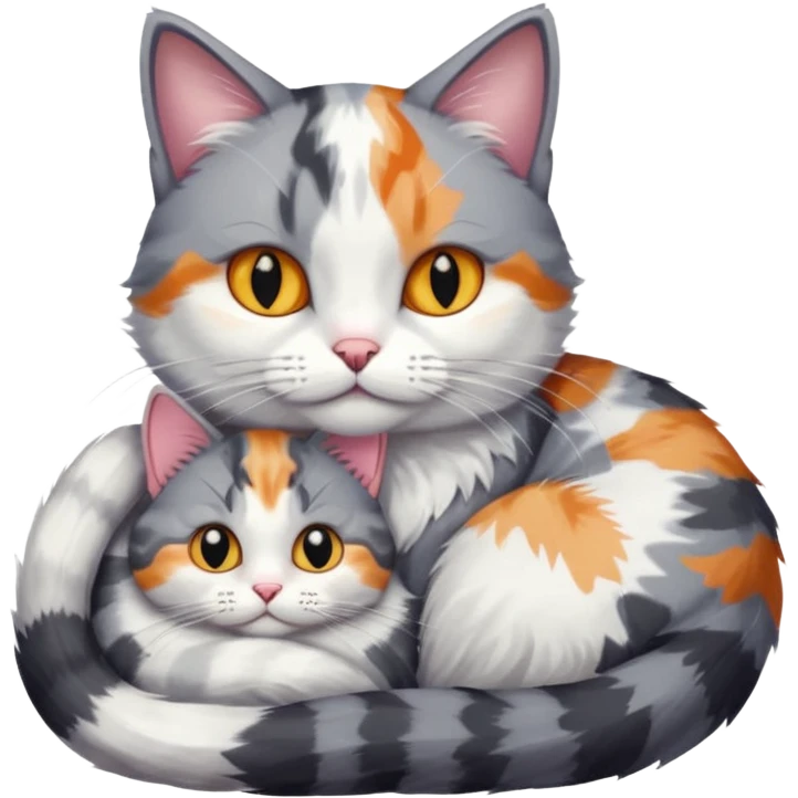 grey and white cat cuddling a colourful light patched calico + white tabby cat emoji