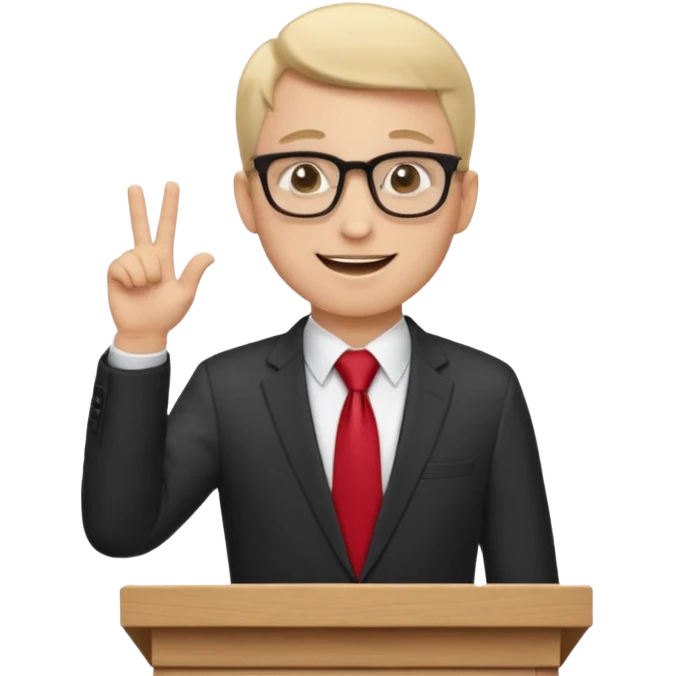 A professional clean-shaven man in a dark business suit and red tie standing behind a wooden podium, speaking confidently. A small microphone is placed on the podium. The man has glasses, a friendly smile, and open hand gestures. Soft studio lighting, neutral dark background, realistic emoji style. emoji
