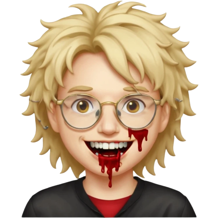 Cabelo bagunçado com oculos sorrindo com metade do rosto com dente de ouro e saindo sangue da boca  emoji