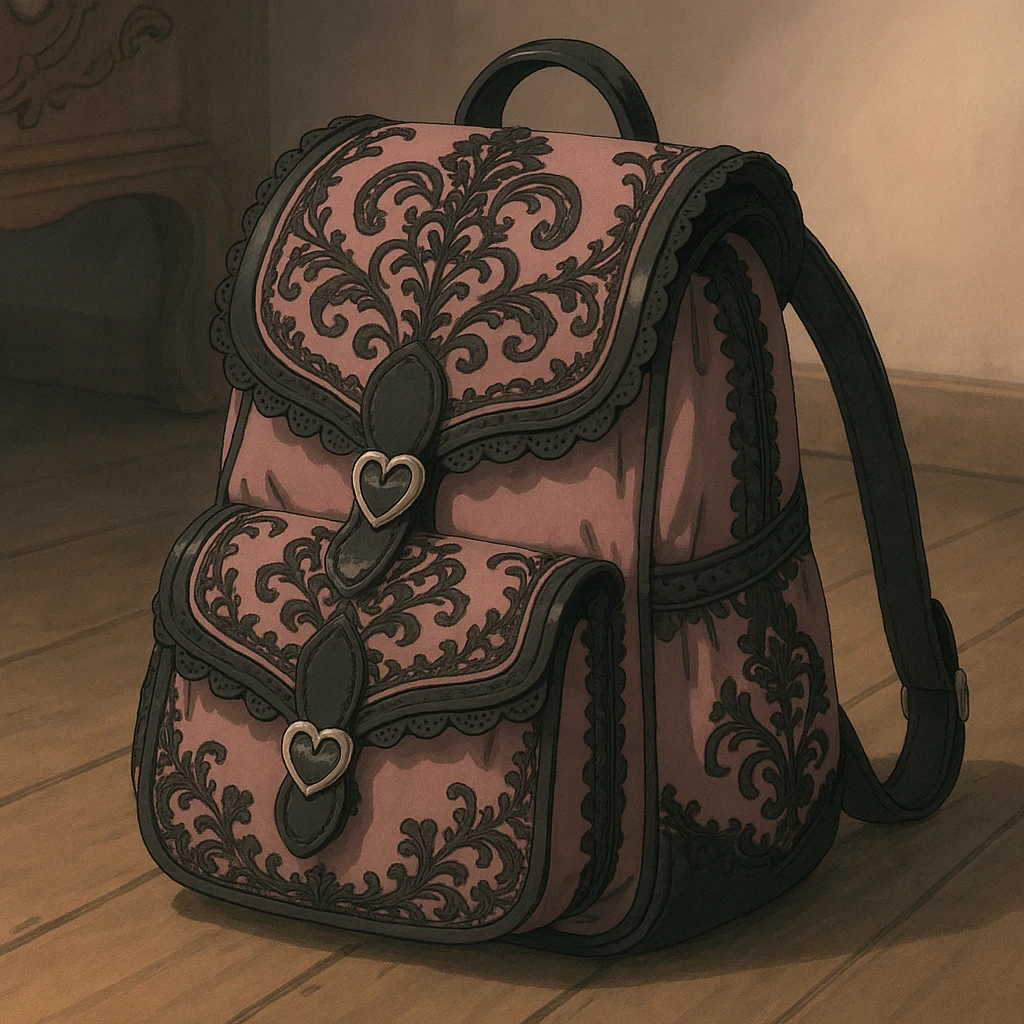 pink and black gothic backpack, ornate details, lace, elegant, whimsical, soft lighting emoji