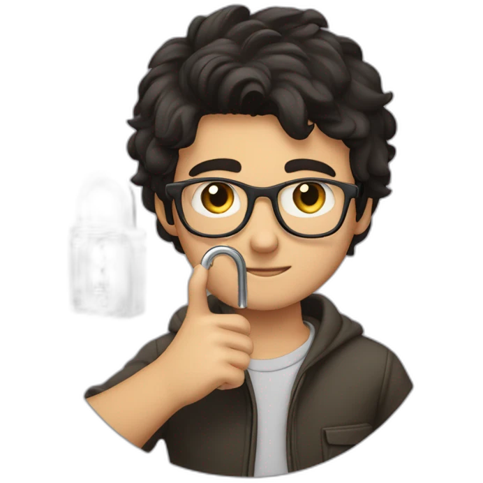 dark-haired young man with glasses struggling to fit a key into a lock emoji