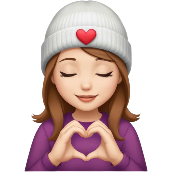 brown hair girl closed eyes stylish in a beanie hat smiling making heart from her hands  emoji