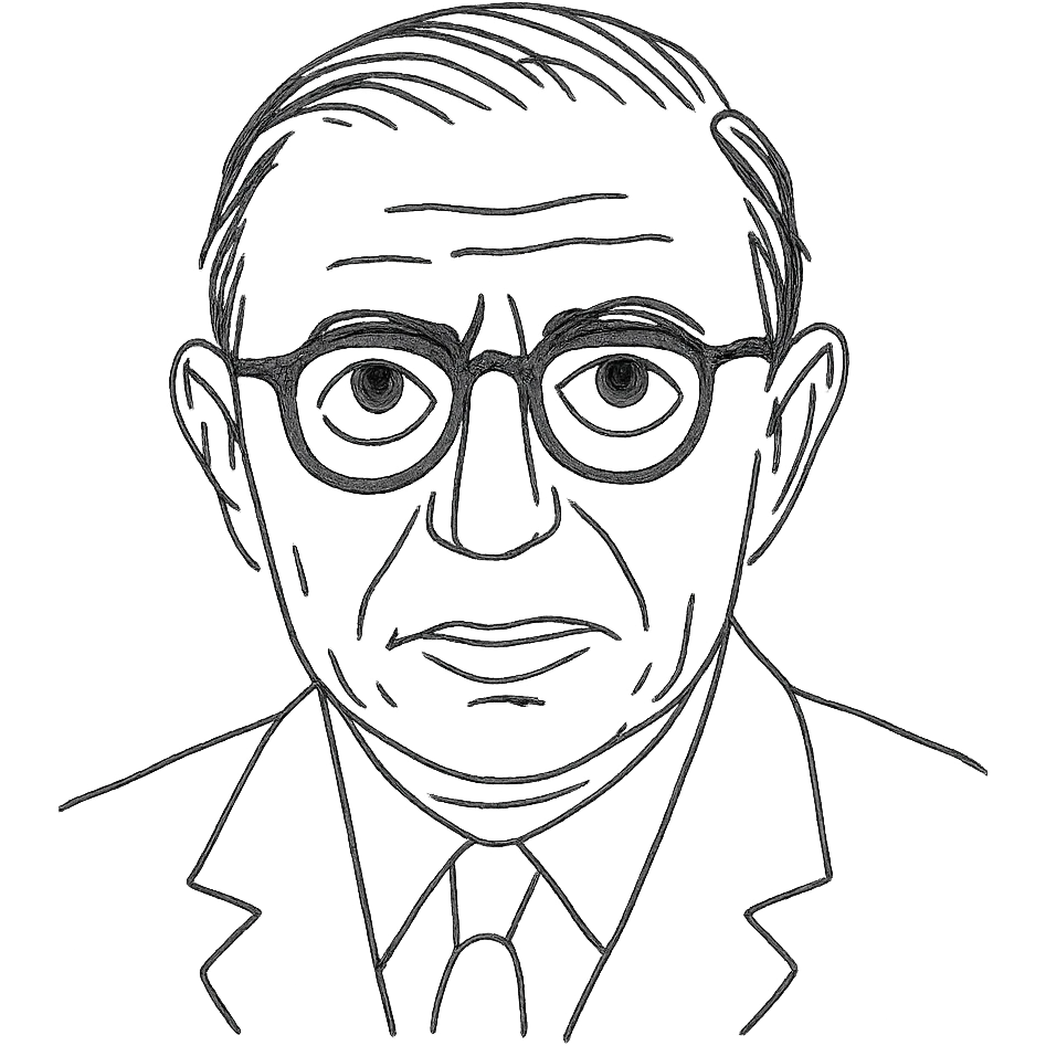 a hand drawn black outline portrait of Jean-Paul Sartre with similar-sized eyes based a famous portrait of him emoji