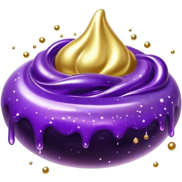 Cinematic Realistic Shiny Slime Mixed with Glitter, thick and glossy with swirling metallic flecks suspended inside, a dynamic mix of deep purple and golden sparkles, light catching every shimmer, flowing smoothly with realistic folds and ripples, glowing with an enchanting, almost liquid-metal effect. emoji