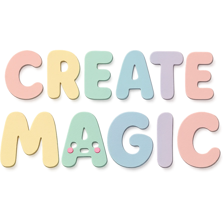 "Create Magic" in soft pastel rainbow chubby rounded letters, cute kawaii style, no frame, transparent background emoji