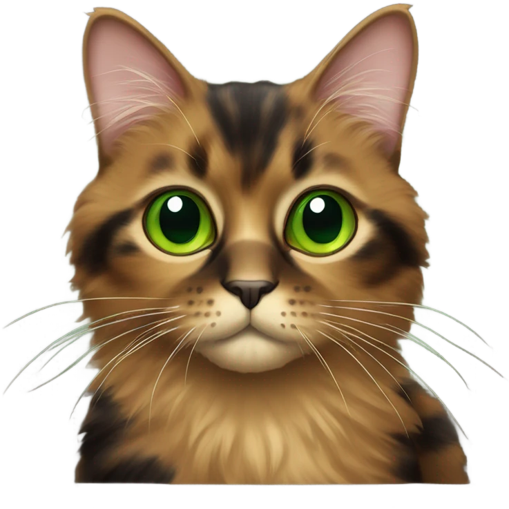 Tortoiseshell cat with fluffy fur and green eyes emoji