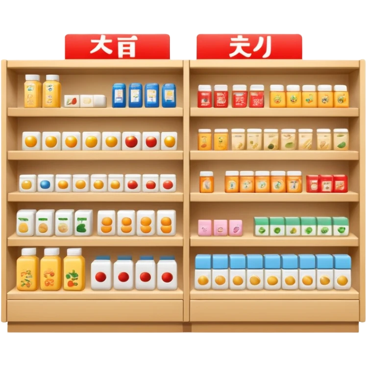 "Minimalist Japanese shelf display, identical products placed directly behind one another (same items stocked in depth), different product types arranged side by side, clean spacing, precise symmetry, soft neutral lighting, front-facing packages, ultra-detailed." emoji