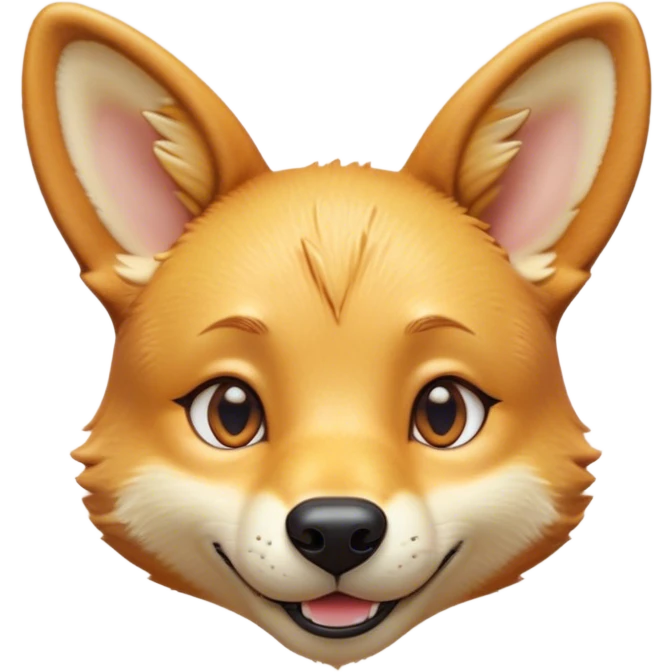 Cinematic Cute Dingo Portrait Emoji, Head tilted playfully and inquisitively, featuring a glossy sandy fur with naturally perky ears and round, sparkling amber eyes filled with curious mischief, Simplified yet irresistibly adorable features, highly detailed, glowing with a warm, friendly glow, high shine, affectionate and spirited, stylized with a touch of outback whimsy, bright and endearing, soft glowing outline, capturing the essence of a mischievous yet loving dingo, so playful it feels like it could bound out of the screen into your arms! emoji