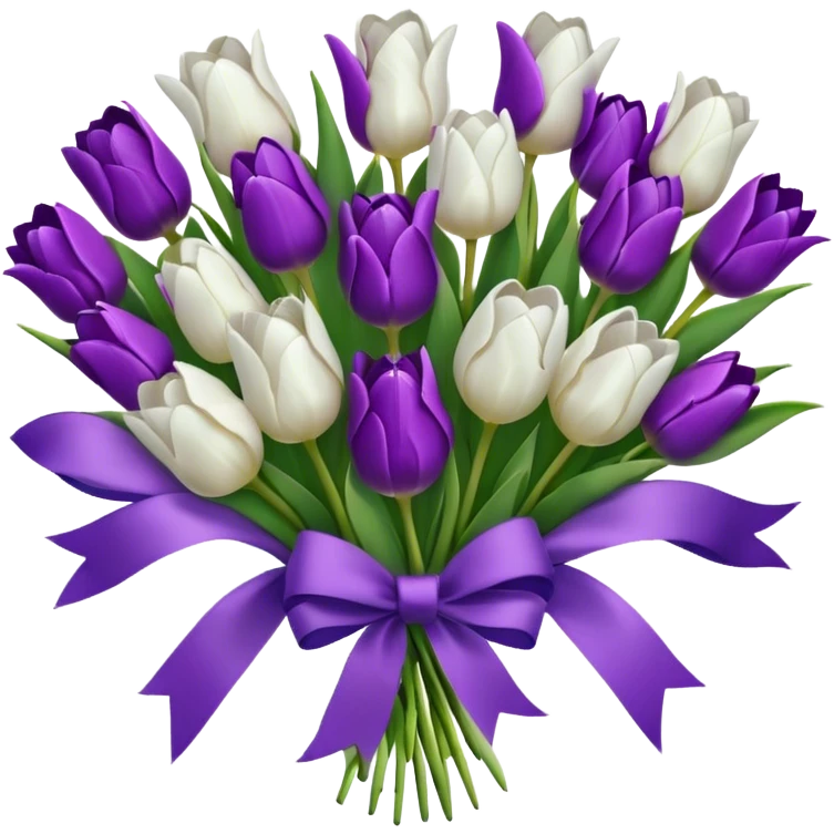 Create a set of emojis for a flower shop featuring white and purple Dutch tulips. Convey an atmosphere of delicacy, elegance, and a spring mood. Include a combination of tulips, bouquets, ribbons, hearts, and details that emphasize the shop’s premium and sophisticated style. emoji