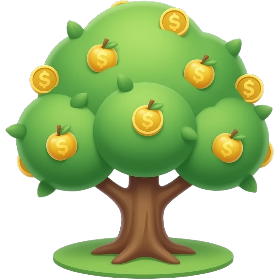 Apple-style money tree, round soft green canopy. No pot, no ground — only the tree. Small gold coins as fruits inside the leaves. Flat 2D vector, clean shapes, no gradients. Dark near-black background, premium fintech icon. emoji