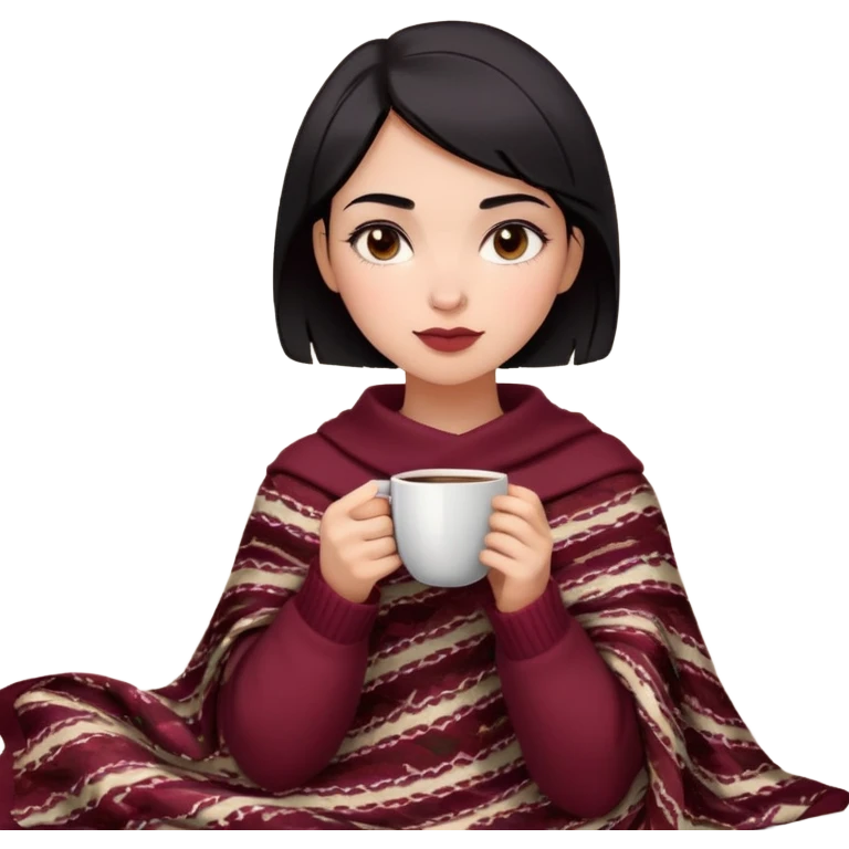 A bohemian-style emoji of a girl with short black hair, light skin tone, wearing a burgundy sweater, wrapped in a patterned blanket, holding a cup of coffee, with subtle makeup and a relaxed expression emoji