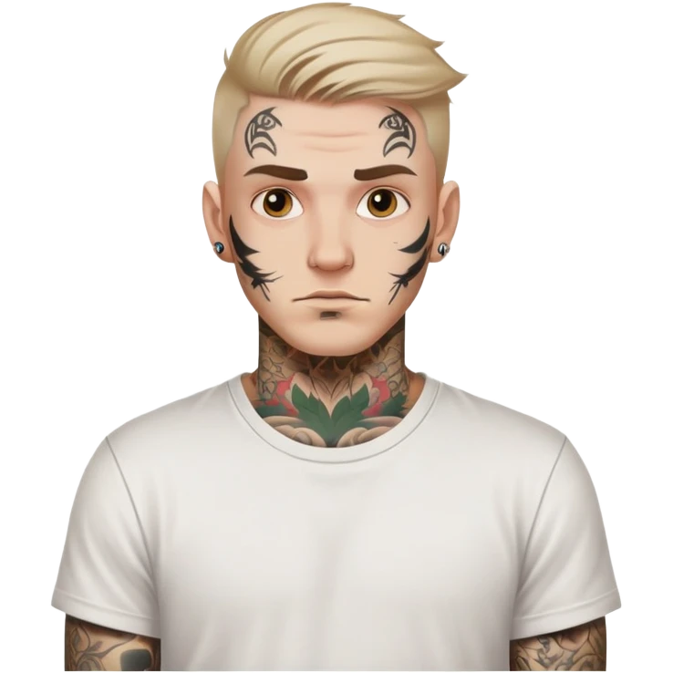 white man with face tattoo, neutral expression, wearing a white t-shirt emoji