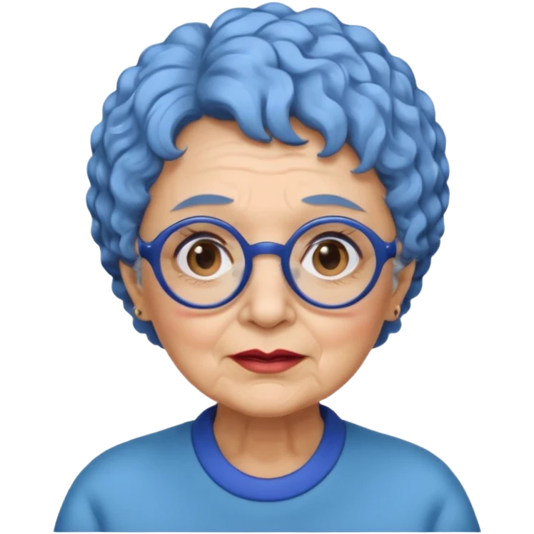old lady with short, curly blue hair, matching blue eyebrows, light brown skin, round black glasses, and a neutral facial expression. emoji