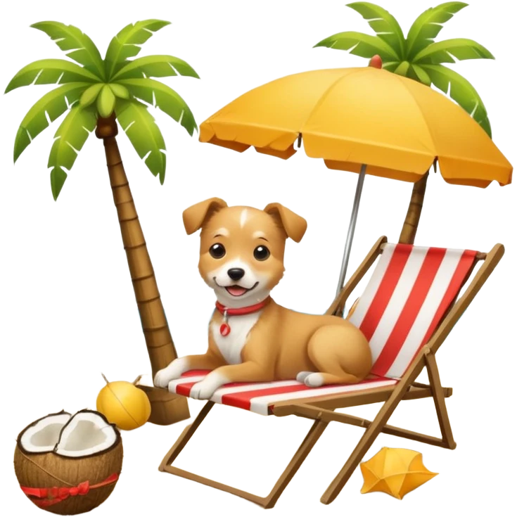a dog laied on a beach chair, a sunny beach, a sun umbrella, and beach coconut trees. the icon should capture the essence of a relaxing beach vacation with a carefree atmosphere emoji