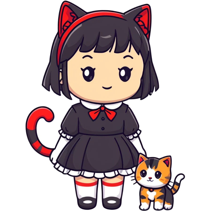girl with black Lolita dress and black hair with red tips next to an American Shorthair tabby cat emoji