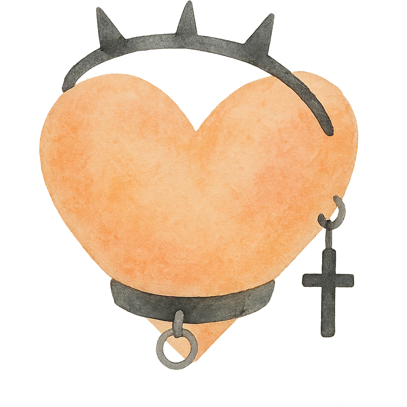 an orange heart with goth accessories, watercolor style, soft and textured emoji
