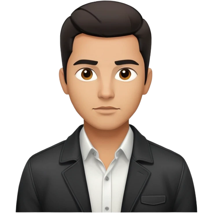 Handsome athletic Hispanic man with tan complexion, short black straight hair combed back with faded sides, square masculine face with defined jawline, neutral-friendly TV presenter expression, black jacket and white button-up shirt emoji