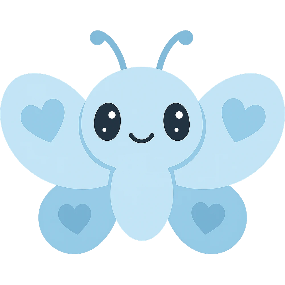 blue butterfly with blue hearts on its wings, cute cartoon style emoji