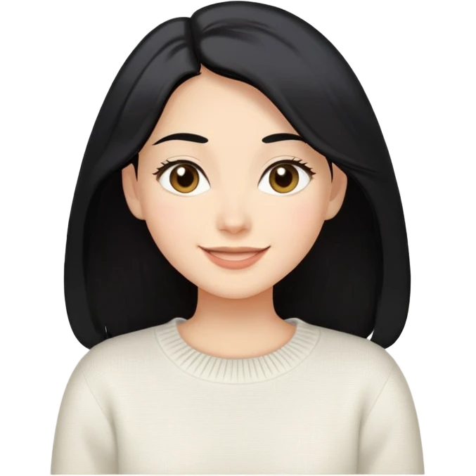 A woman with longer black hair, light to medium skin tone, full cheeks, and almond-shaped eyes, wearing a simple white sweater, joyful and radiant expression, cheerful. emoji