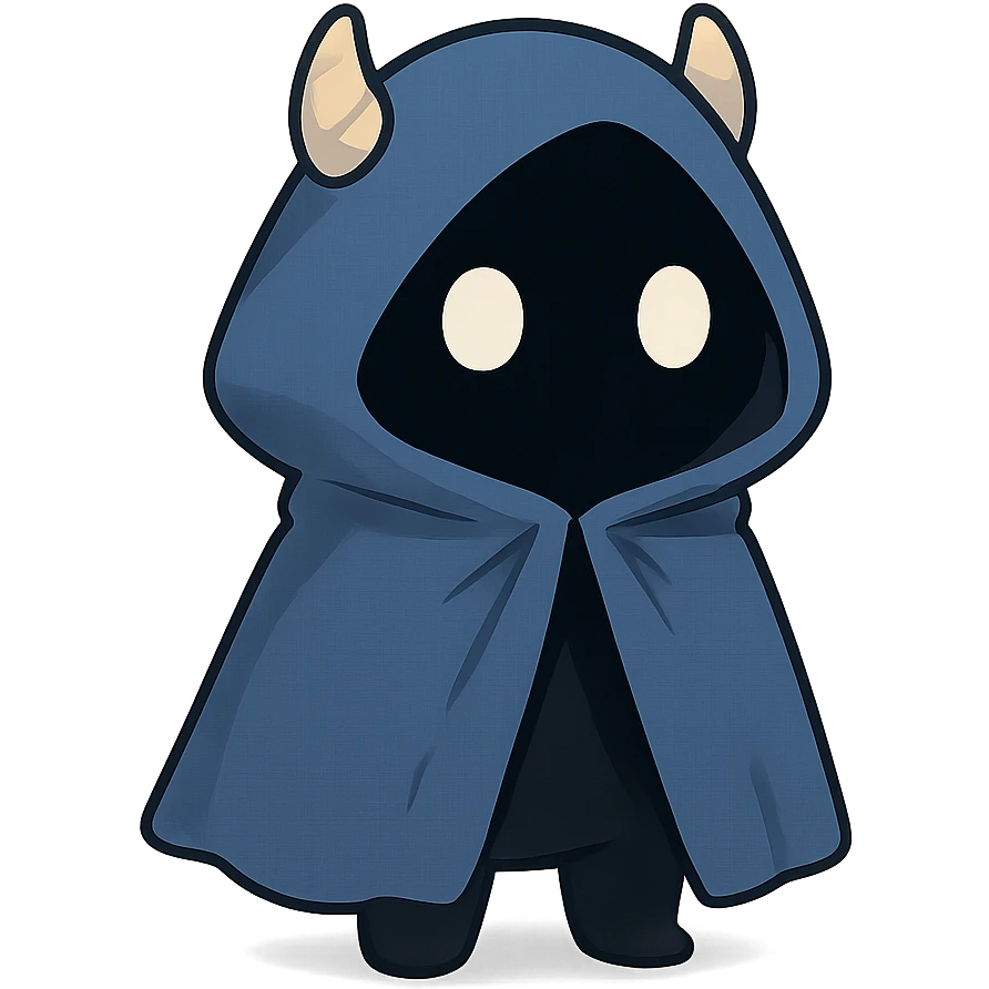 character with a blue cloak, black body, white eyes, cute little horns peeking out from under the hood, consistent style emoji