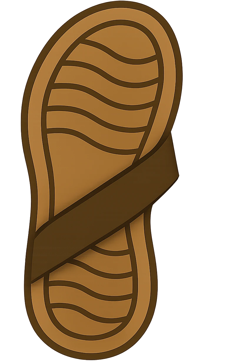 Create an emoji style sandal sole with minimal detail, matching the reference image, with a single strap visible from the bottom. The style should reflect the look of apple style emojis with simple and clean design. emoji
