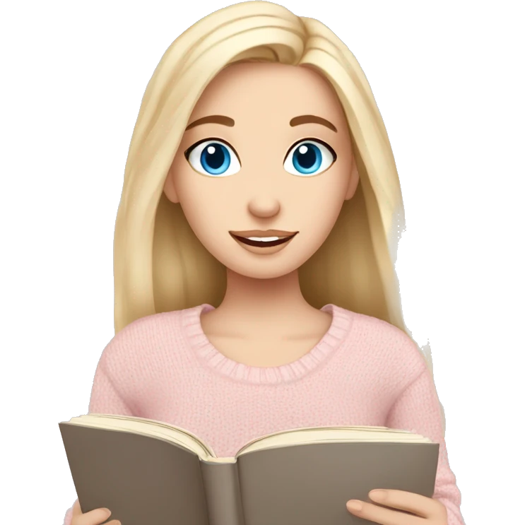 Pretty blue eyed white girl with light pink sweater reading cozy emoji