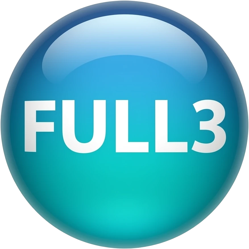 Glossy 3D sphere emoji, "FULL3" bold white text centered, gradient from deep blue to mint green, glass reflection highlight, bubble style icon emoji