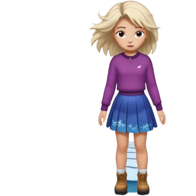 fai l'immagine di una ragazza su un lago ghiacciato che si sta incrinando sotto i suoi piedi, lei guarda giù sussultando terrorizzata falle la gonna emoji