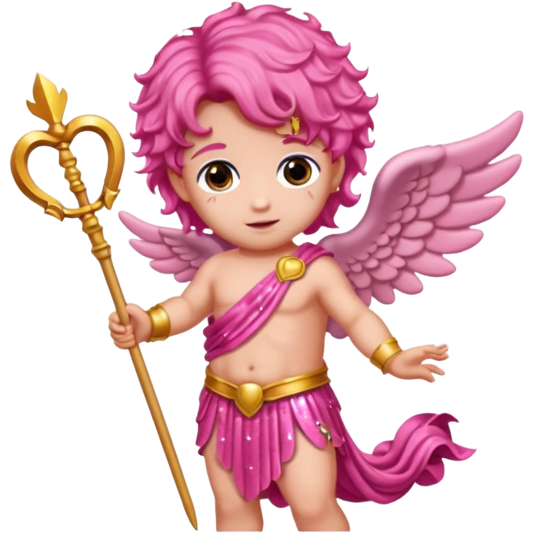 Cupid from Roman Deities with long pink wavy hair, pink sequin toga emoji