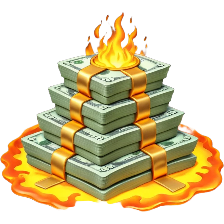 Transform the stack of money into lava money: make the bills appear to be melting and turning into glowing, molten lava with realistic textures and dramatic lighting. Keep the background transparent. The style should reflect a realistic molten lava effect with glowing and melting details. emoji