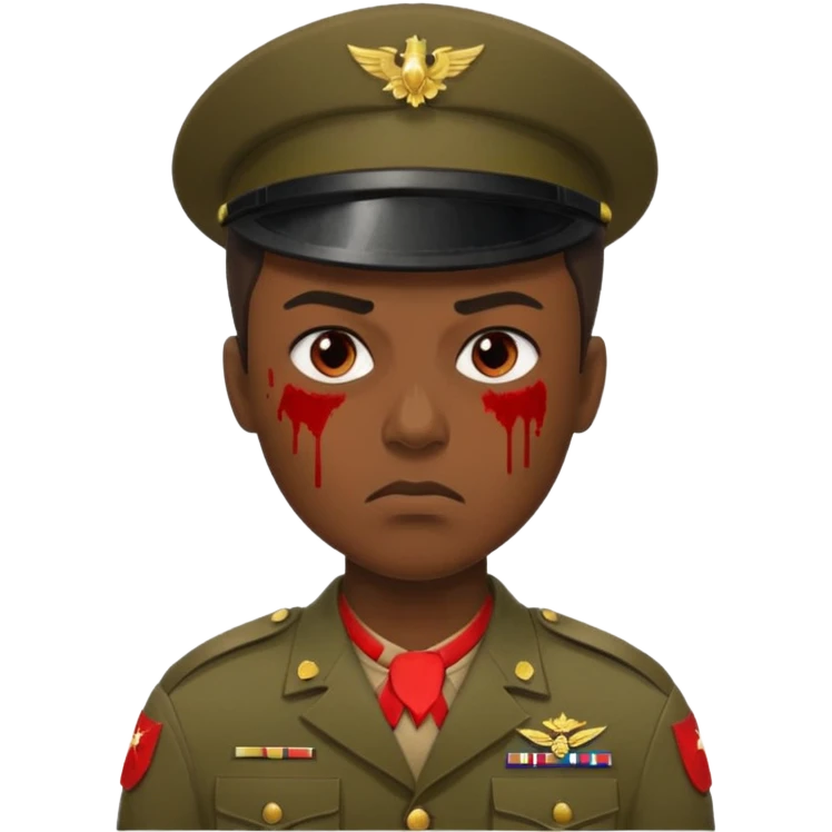soldier, very dark skin tone, scowling, blood splatter on left cheek emoji