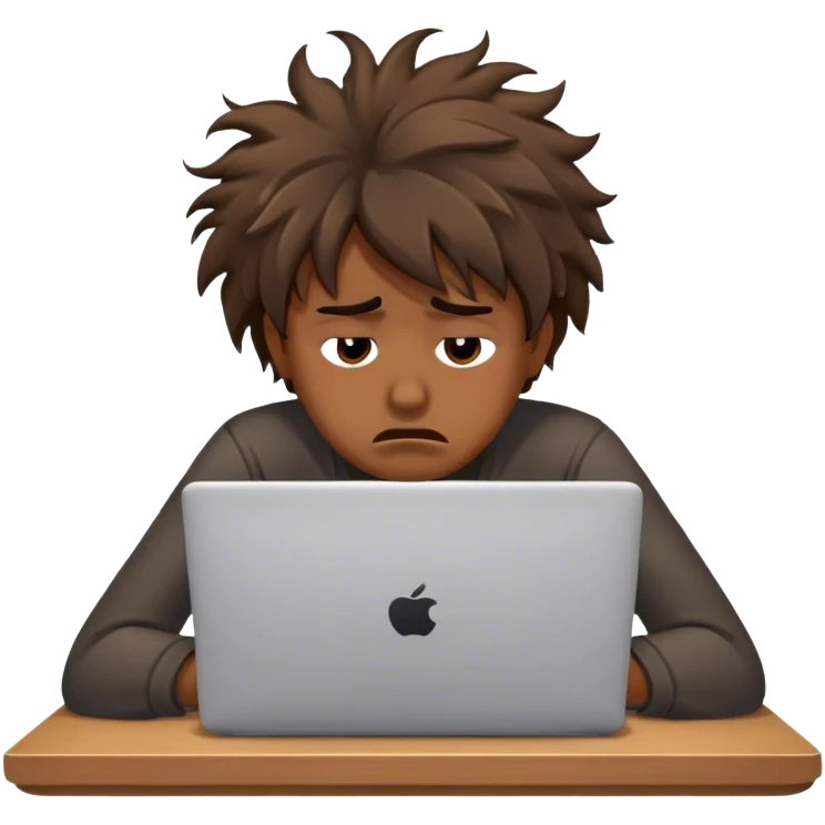 Create an emoji of a tired person sitting at a laptop, looking exhausted and frustrated. They have slouched posture and messy hair, representing overwork and burnout. emoji
