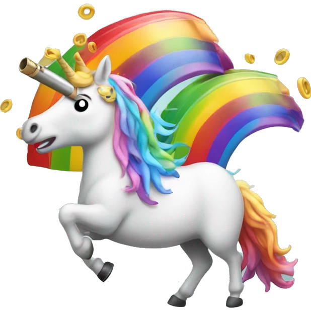 unicorn with a shotgun barrel as a horn throwing up a rainbow emoji
