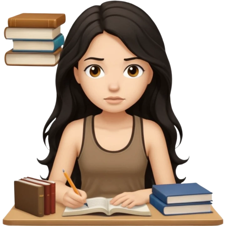 a pretty bratz light dusky girl with long wavy black hair in a brown tank top studying and lookinh tired with stacks of books and papers emoji