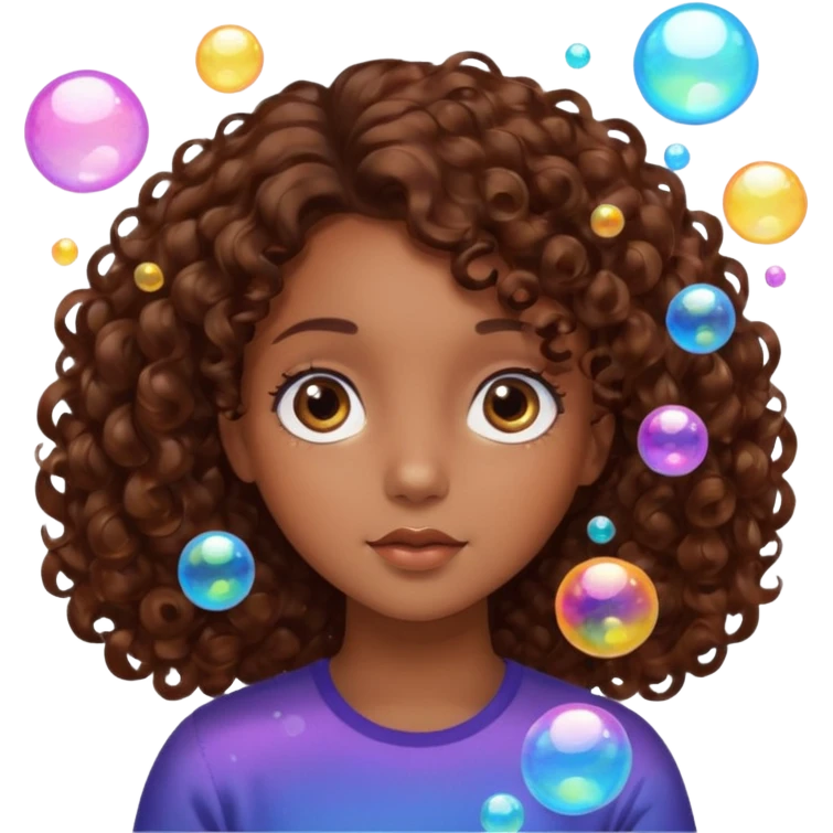 girl with brown curly hair in a side part with big brown eyes looking off to the side with bubbles on both sides of her emoji