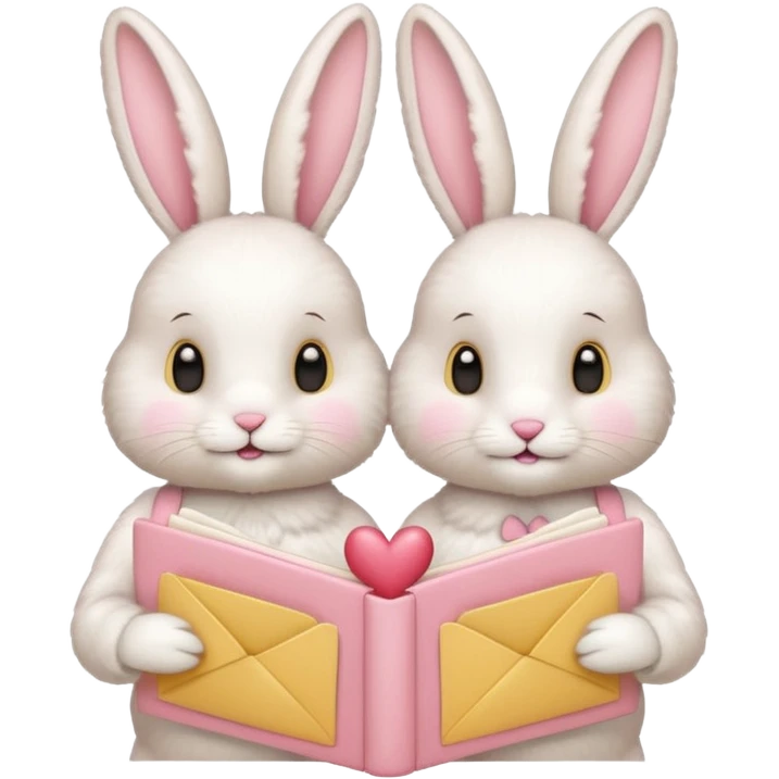 Two bunnies holding one Valentine card in soft pink, beige and yellow pastel colors emoji