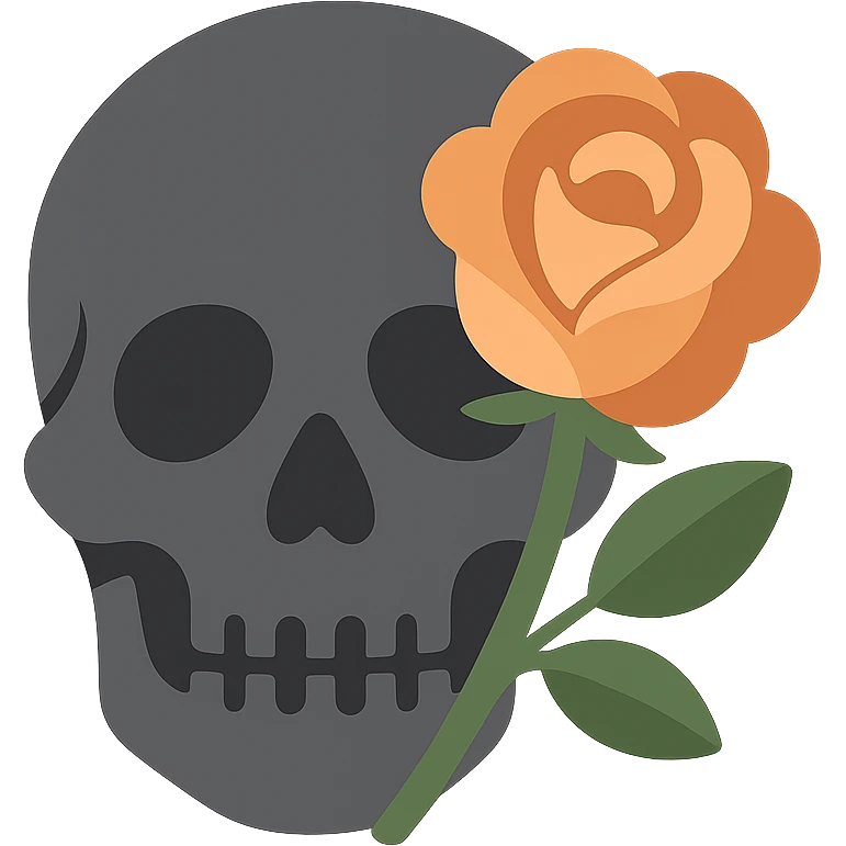A dark, grey skull with sharp, angular features and a mysterious, haunting aura, featuring a rose delicately placed in one of its hollow eye sockets. The skull is in shades of grey, accented with soft tones of golden orange (FA9B41), forest green (4A7C5C), muted taupe brown (96775A), and pastel peach (FFCC9A). The rose, vibrant in its peach and orange hues, contrasts with the cold, eerie grey of the skull, its petals unfurling gently around the eye socket. The background is dim and shadowy, with a faint, mystical glow illuminating the skull and rose, adding to the gothic and slightly surreal atmosphere. The scene feels both haunting and beautiful, with a touch of elegance. emoji