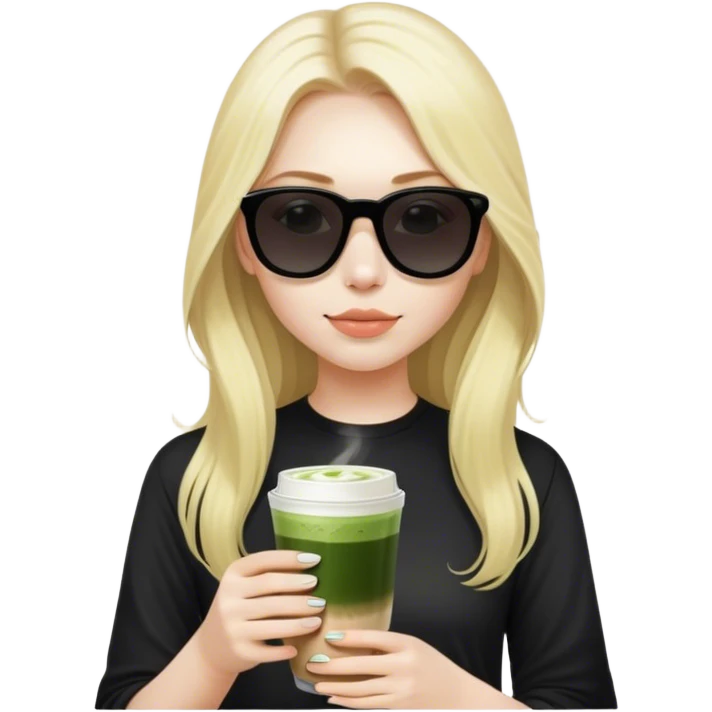 Blonde girl with pale skin and long hair with black sunglasses in black shirt and matcha latte emoji