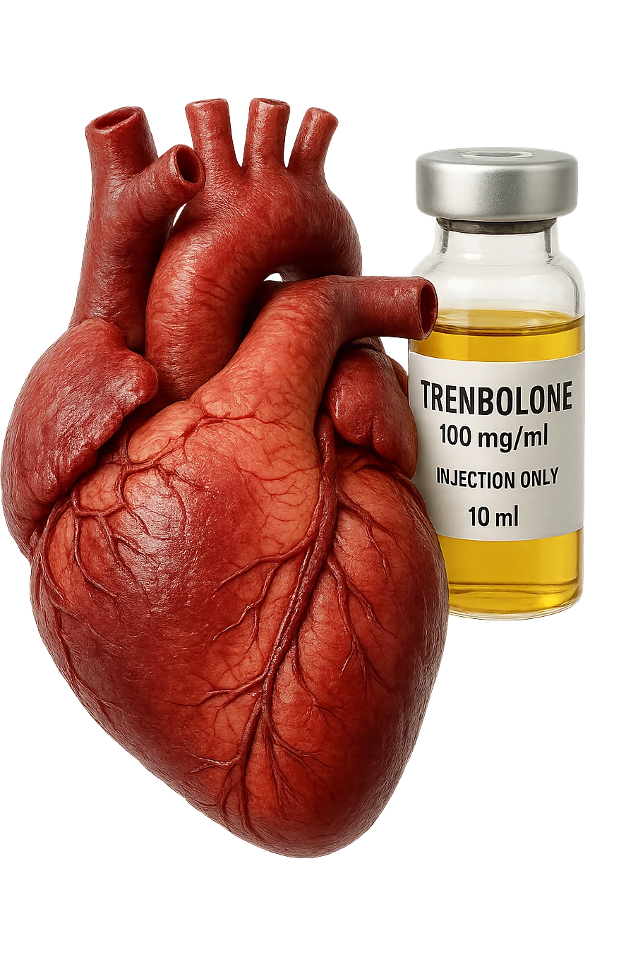cuore umano anatomico con FIala MEDICa DI Trenbolone che gli FLUTTUA dietro, iperrealistico 4k, isolato su sfondo bianco, iperrealistico 4k, isolato su sfondo bianco emoji