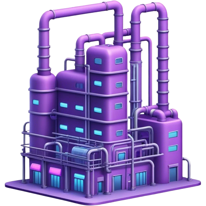 AI-powered factory. It should be a building with pipes. Add light violet neon glowing symbolizing power of AI emoji