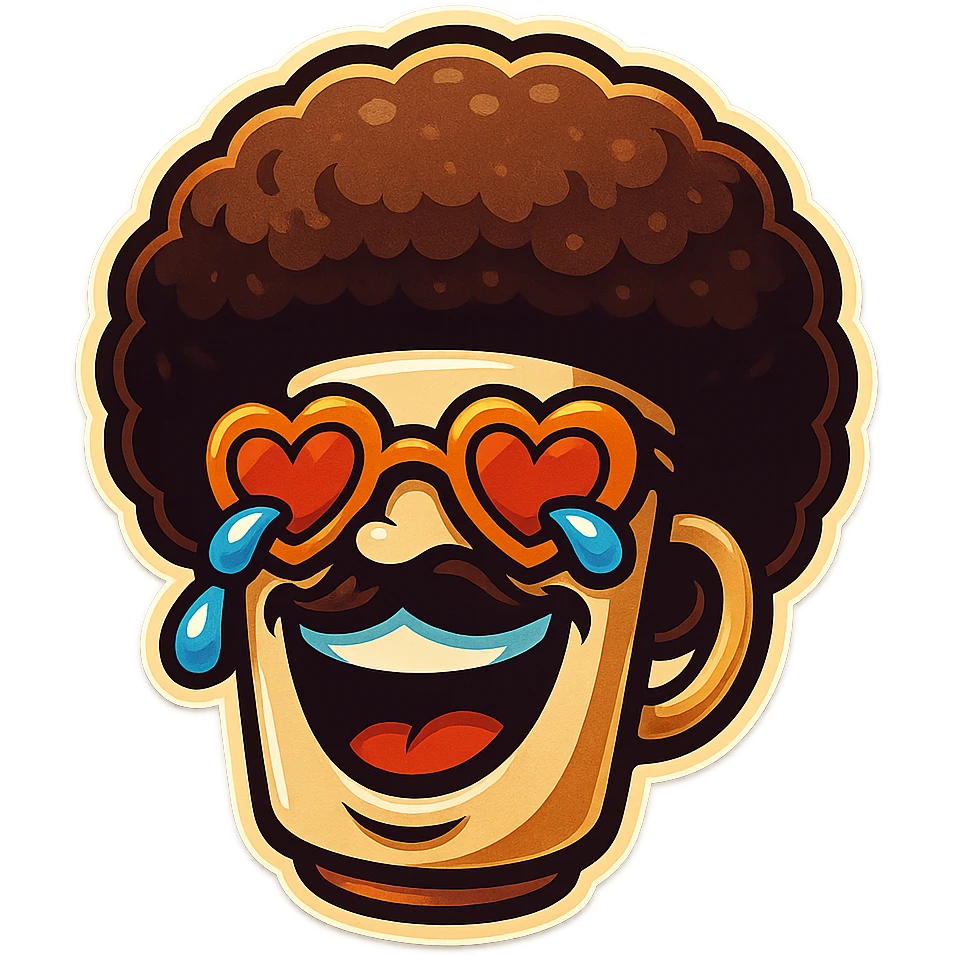 superhero head, coffee creature, heart glasses, laughing with tears in eyes emoji