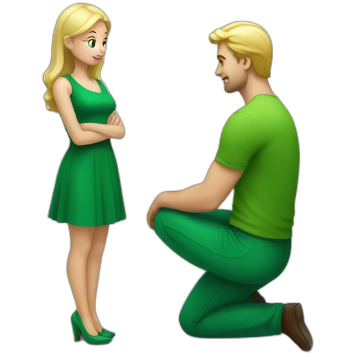 Blonde Woman in green on knees facing standing man emoji