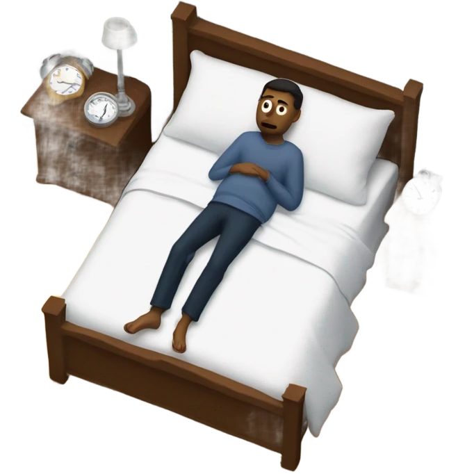 A man in his bed seeing a black figure and his phone reads 12:30 am emoji
