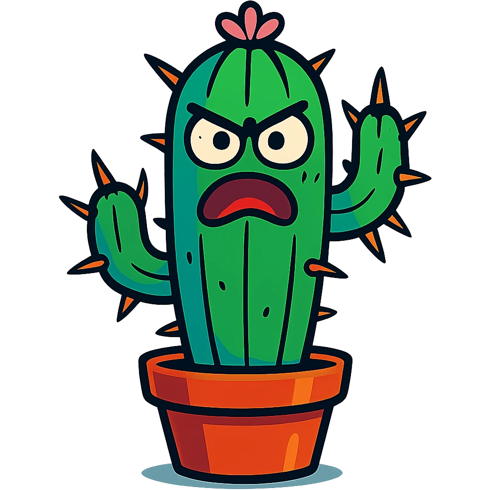 colorful cartoon cactus plant with spines, tall and thin shape, angry expression emoji